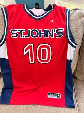 Vintage Jordan Red St. John's #10 Basketball Jersey with Navy & White Trim